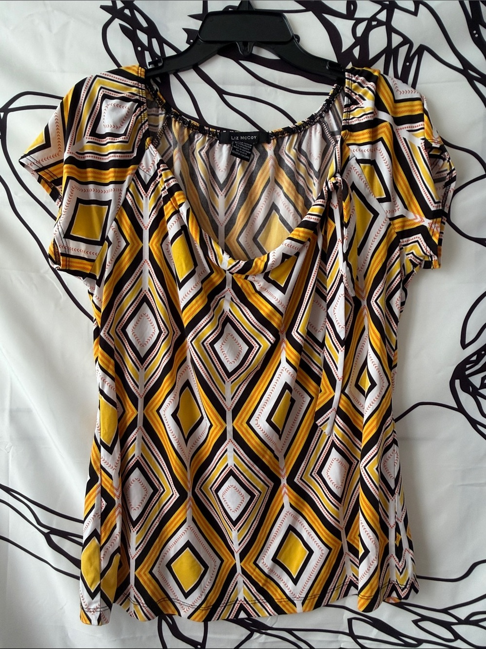 Liz McCoy Yellow Geometric Short Sleeve Blouse